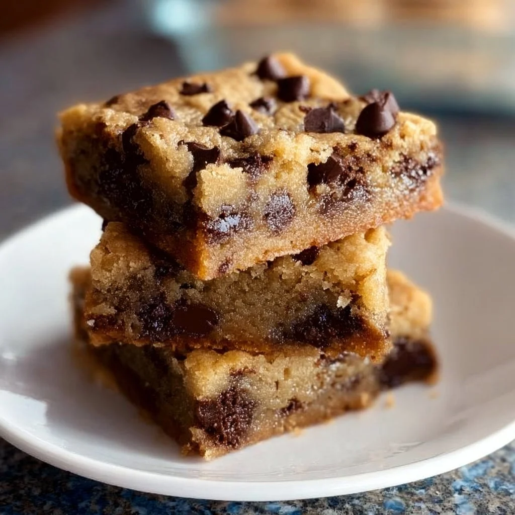 Delicious melt-in-your-mouth chocolate chip cookie bars on a white plate