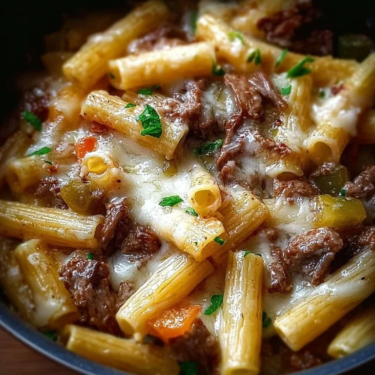 Delicious bowl of Philly Cheese Steak Pasta topped with melted cheese and peppers