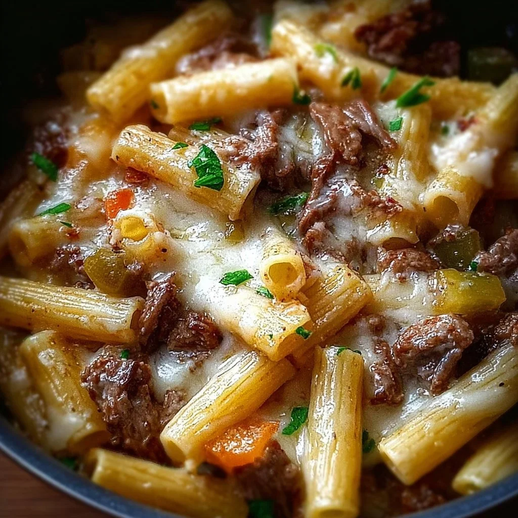 Delicious bowl of Philly Cheese Steak Pasta topped with melted cheese and peppers