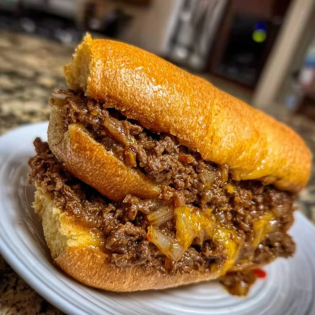 Philly Cheesesteak Sloppy Joes served on a plate
