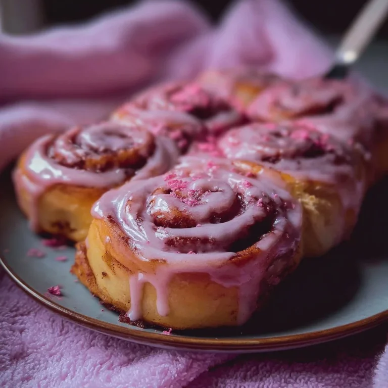 Delicious pink velvet cinnamon rolls drizzled with cream cheese icing
