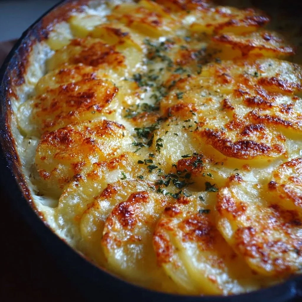 Deliciously baked potatoes au gratin served in a creamy cheese sauce