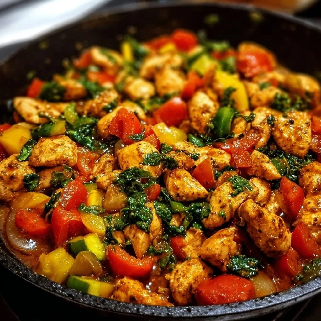 Delicious quick and healthy chicken skillet dish on a wooden table