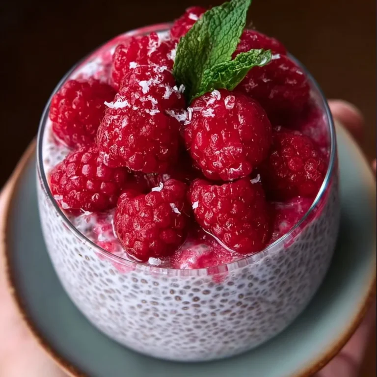 A delicious bowl of raspberry chia pudding topped with fresh raspberries.