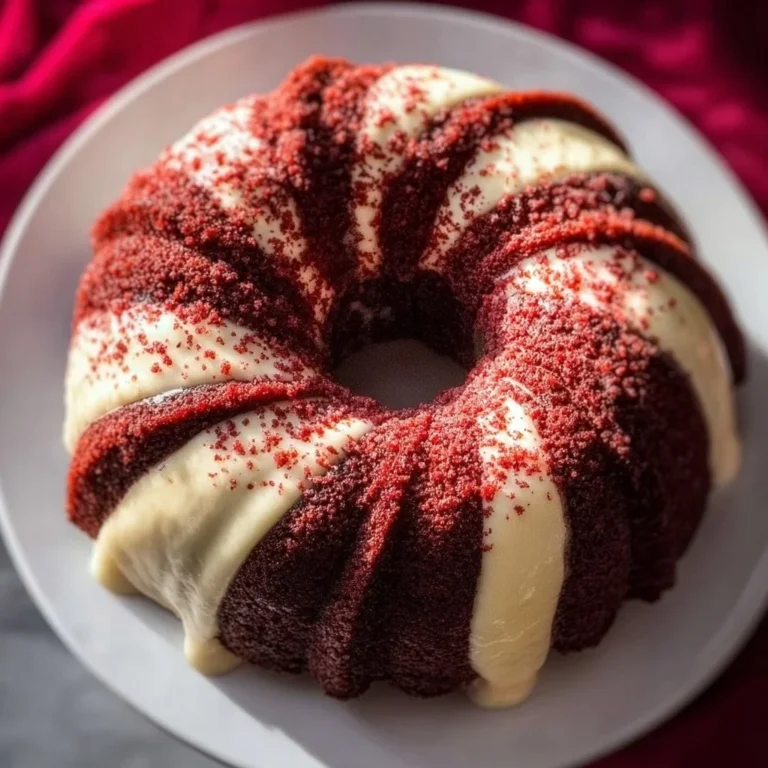 Delicious Red Velvet Bundt Cake topped with cream cheese frosting and sprinkles.