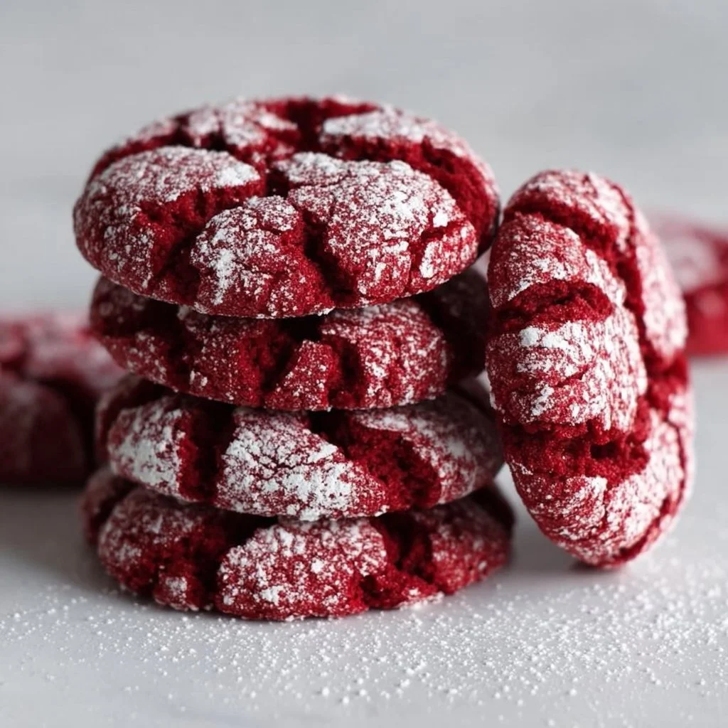 Delicious red velvet crinkle cookies with powdered sugar dusting