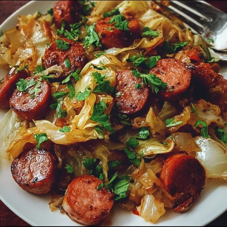 Sausage and cabbage stir fry served in a skillet with vibrant vegetables