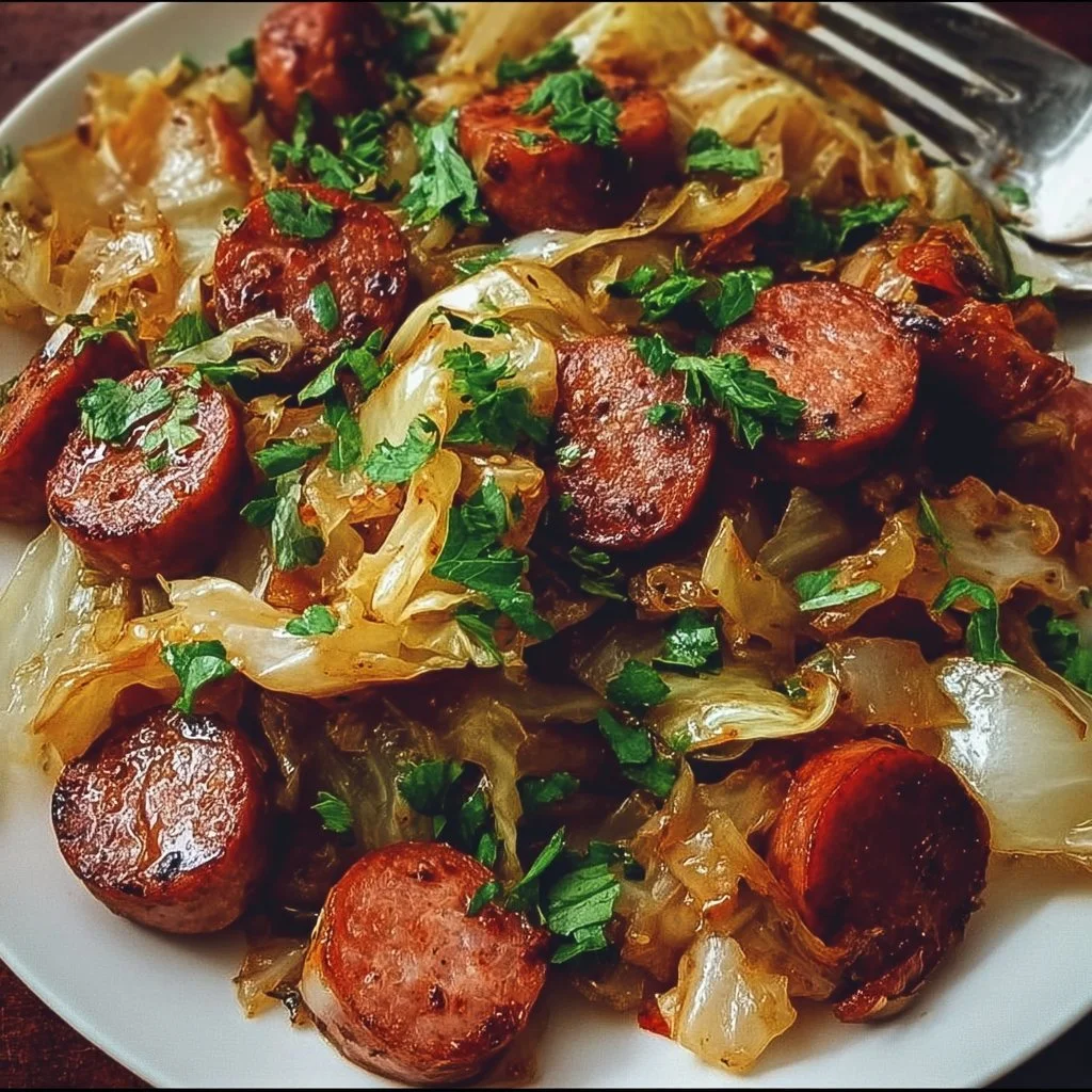 Sausage and cabbage stir fry served in a skillet with vibrant vegetables