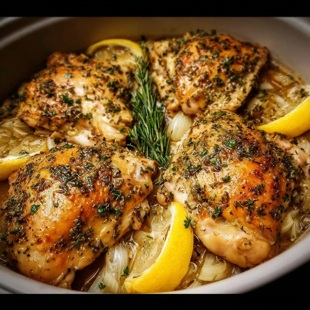 Slow Cooker Lemon Herb Chicken served on a plate garnished with herbs