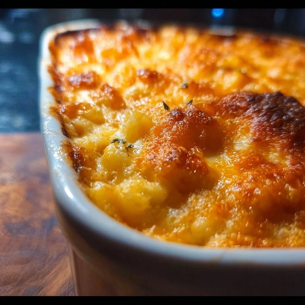 Southern baked macaroni and cheese served in a casserole dish with a golden crust.