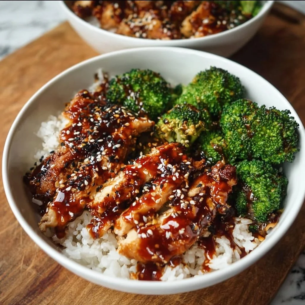 Delicious sticky chicken rice bowls with vibrant vegetables and sauce
