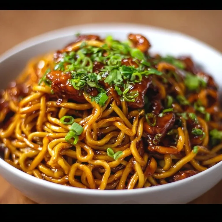 Sticky garlic chicken noodles served in a bowl with herbs