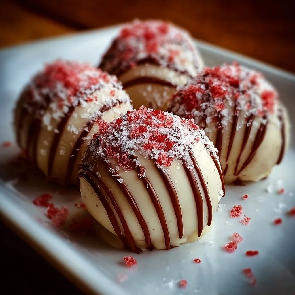 Delicious strawberry cheesecake truffle balls coated in chocolate and topped with strawberries