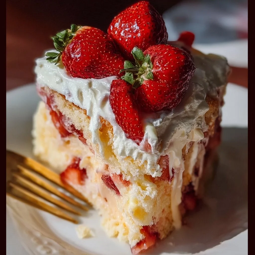 Sliced Strawberry Custard Delight Cake topped with fresh strawberries