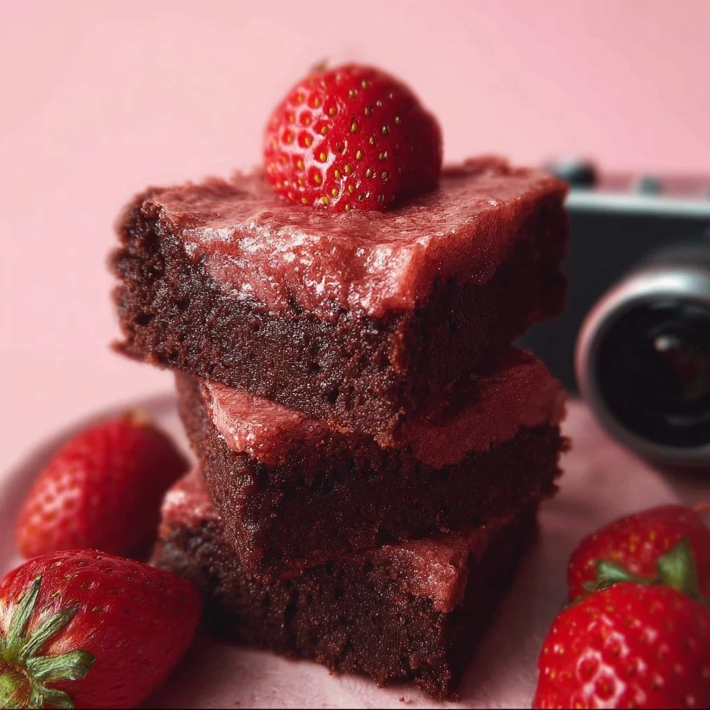 Delicious strawberry brownies with fresh strawberries on top