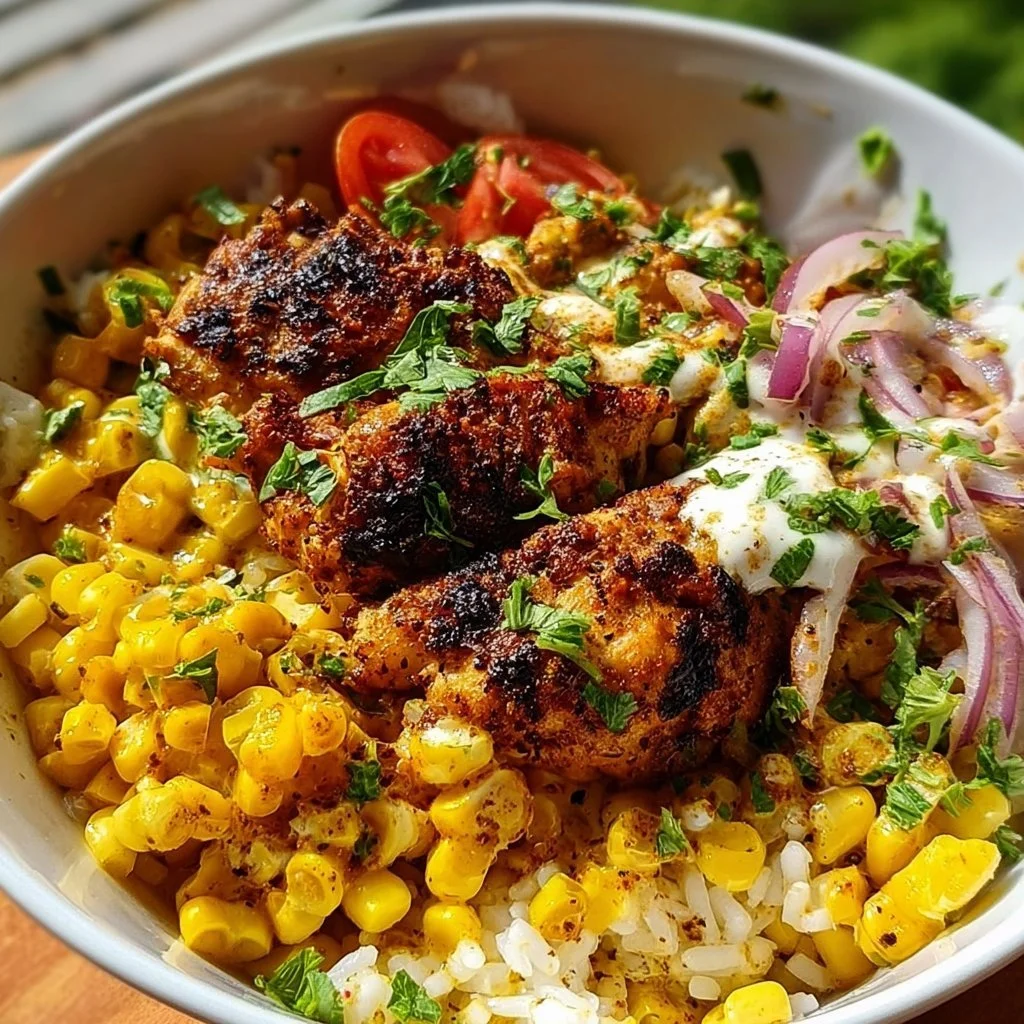 Delicious street corn chicken bowl with vibrant toppings and fresh ingredients