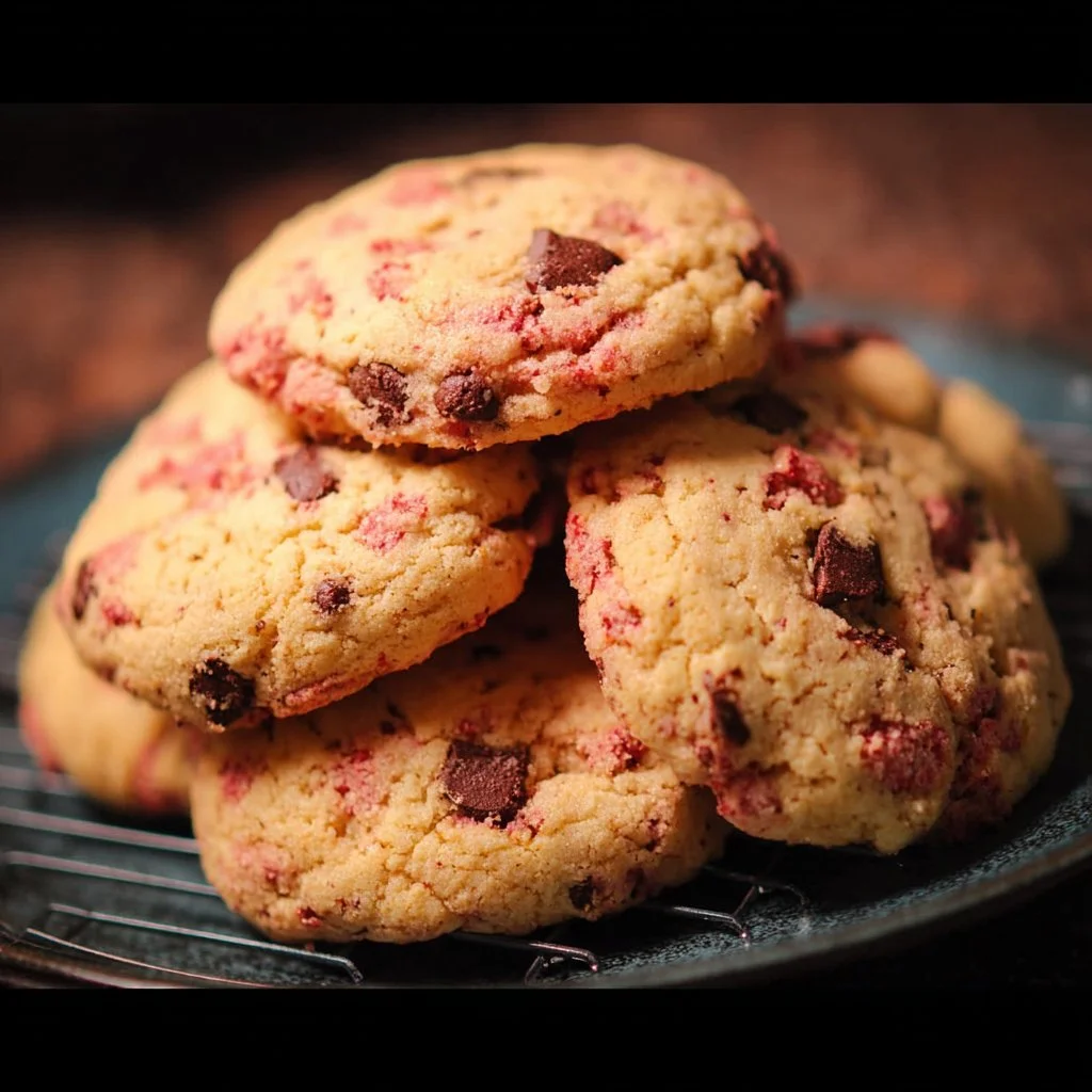 Delicious strawberry cake mix chocolate chip cookies on a cooling rack.
