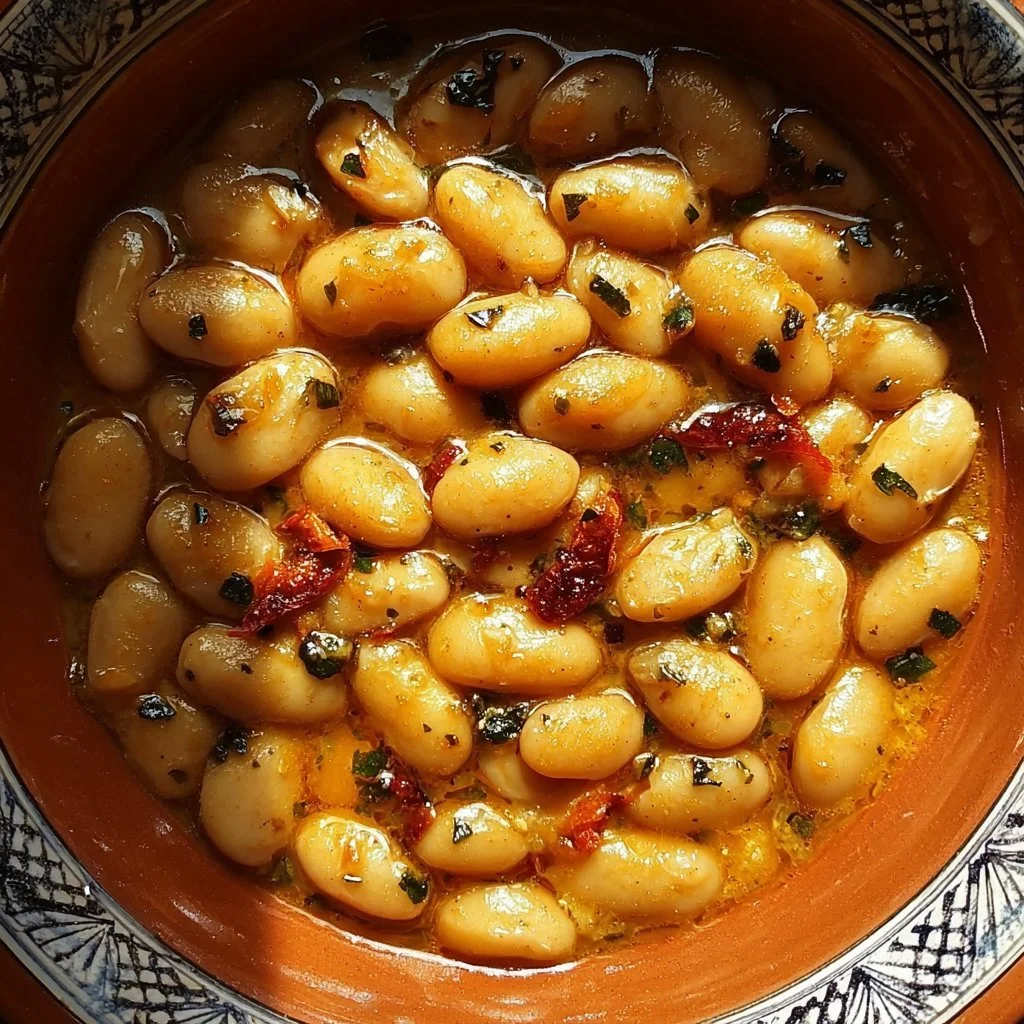 A bowl of Tuscan Marry Me Butter Beans garnished with herbs.
