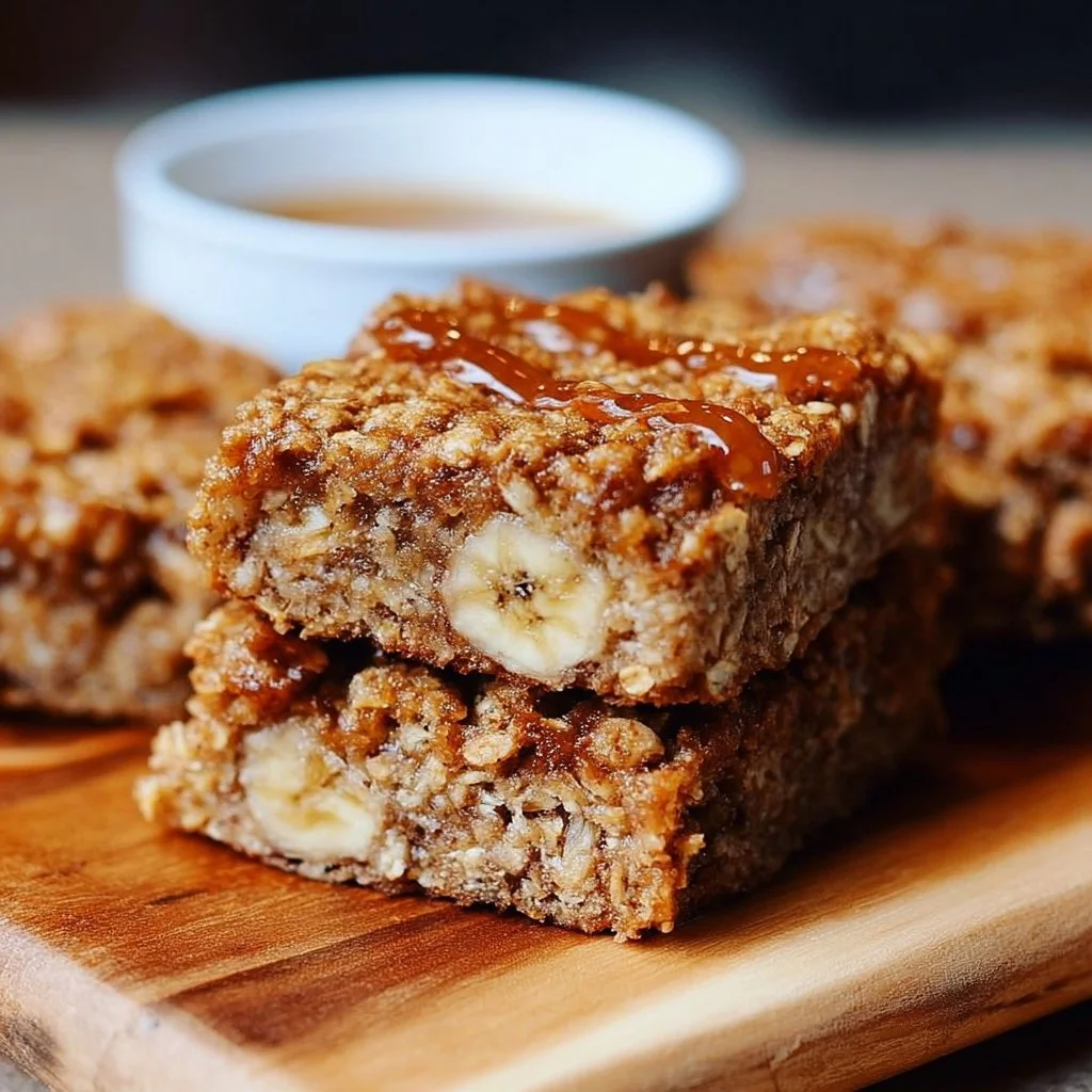 Homemade banana oatmeal bars stacked on a wooden cutting board
