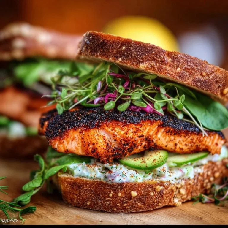 Delicious blackened salmon sandwich with Cajun spices served on a bun.