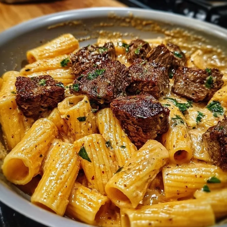 Cajun steak tips with creamy parmesan rigatoni on a plate