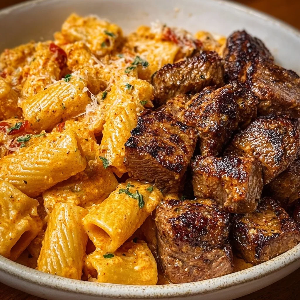 Cajun Steak Tips with Creamy Parmesan Rigatoni