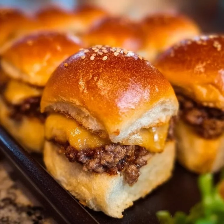 Delicious cheeseburger sliders topped with cheese and pickles