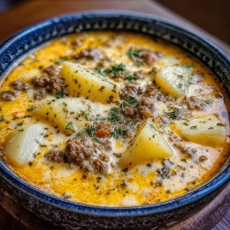 Bowl of cheesy hamburger potato soup garnished with fresh herbs