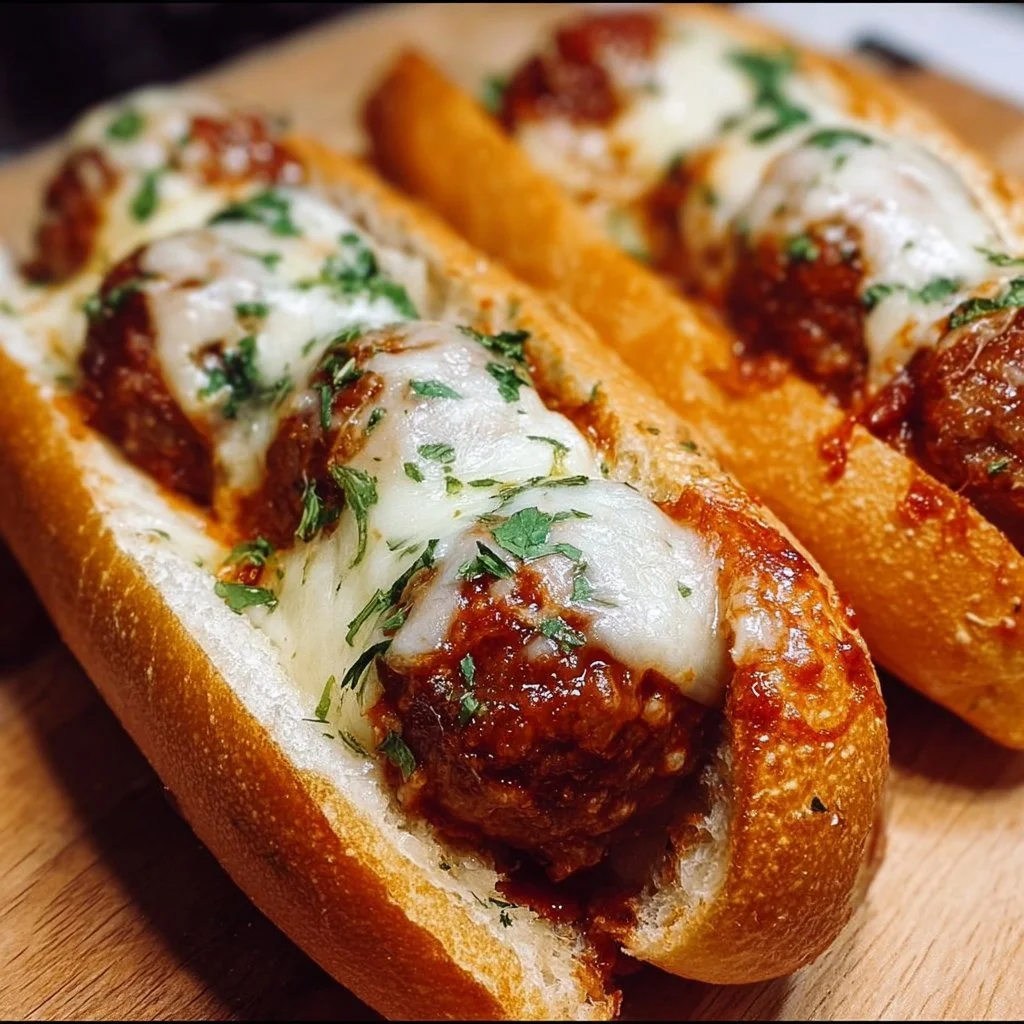 Delicious cheesy meatball subs served in a toasted bun with marinara sauce.