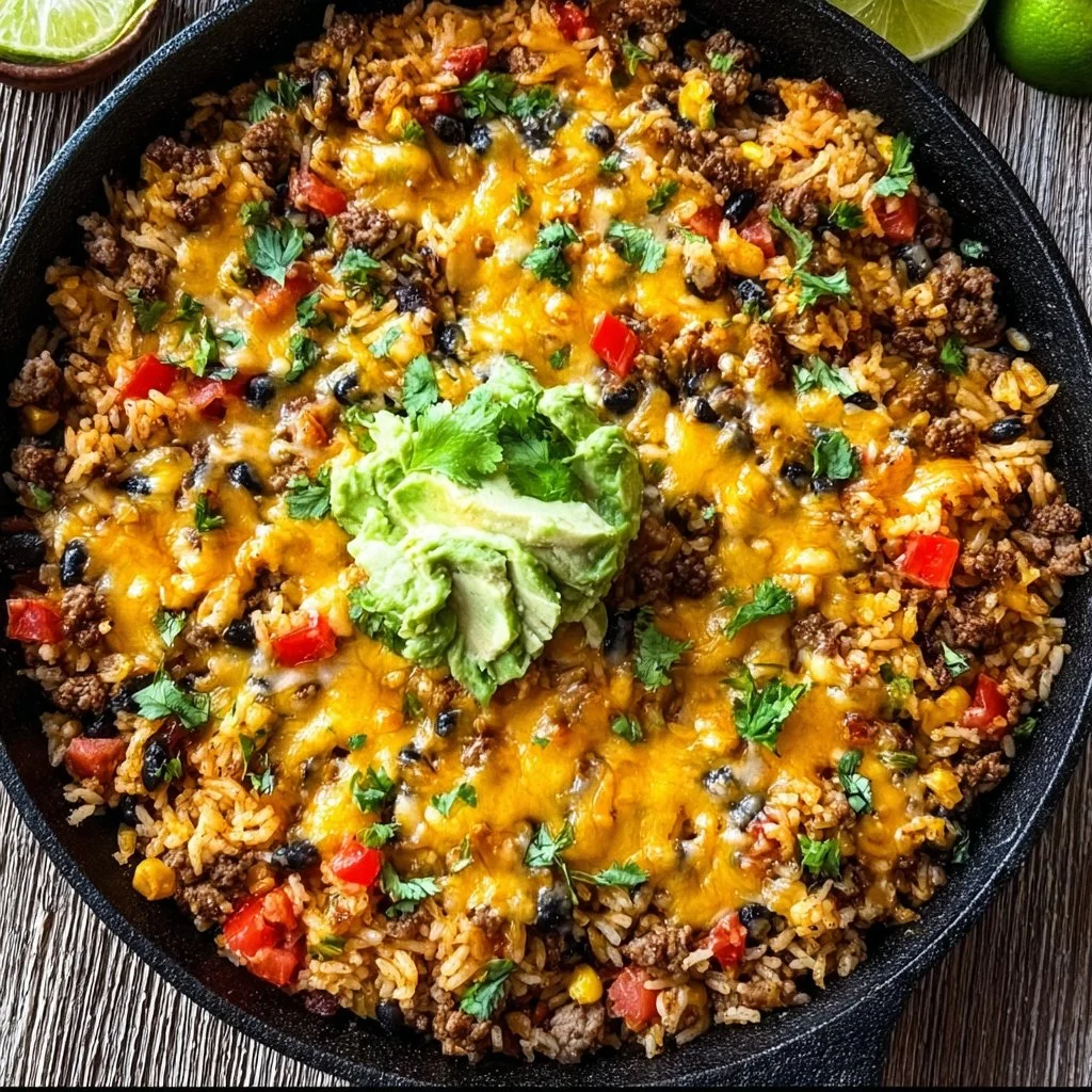 Cheesy Taco Rice Skillet served in a vibrant dish with fresh toppings