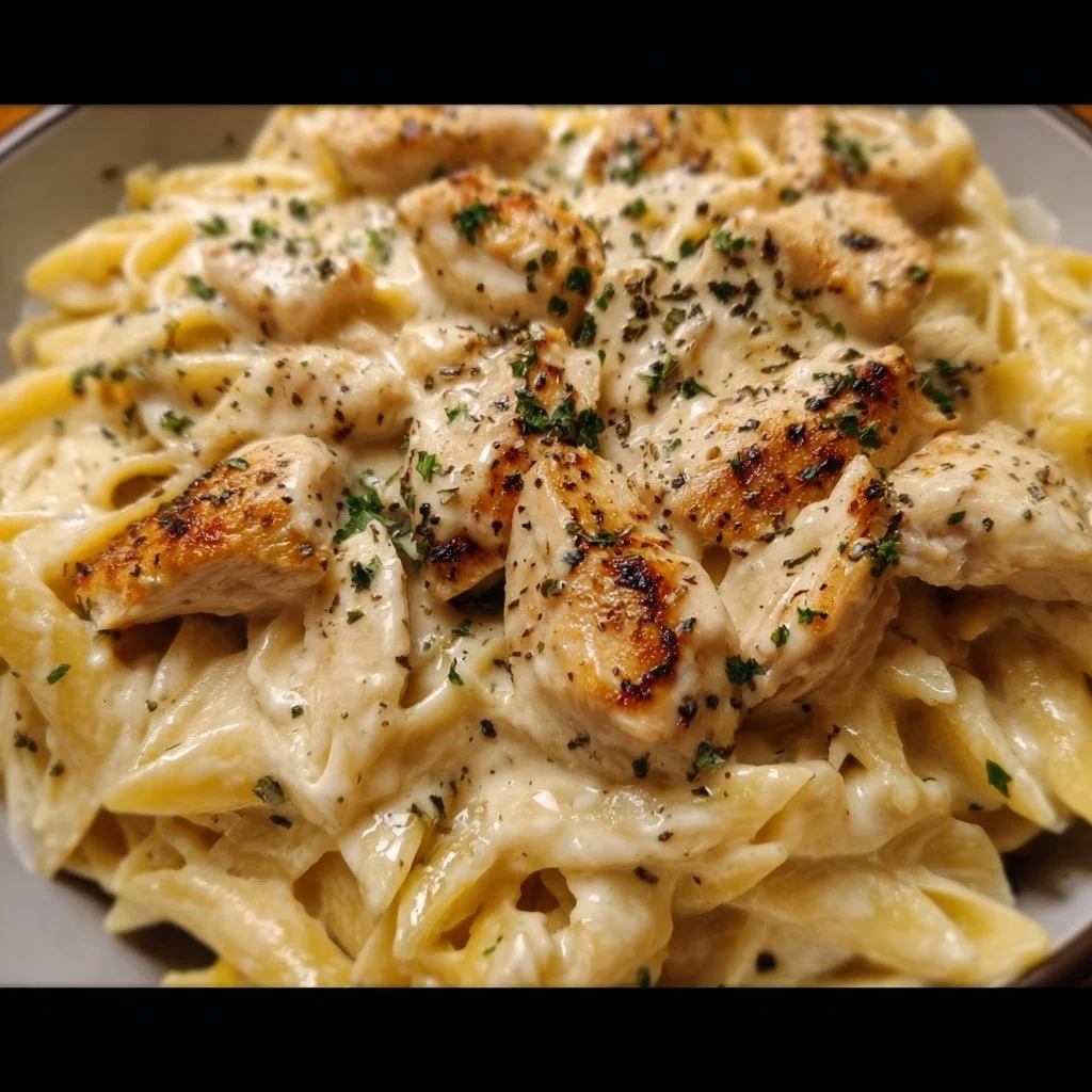 Creamy Chicken Alfredo Pasta served with garlic bread