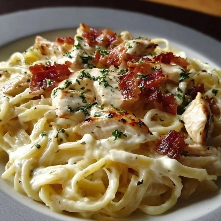 Creamy Chicken Bacon Ranch Pasta topped with crispy bacon and fresh herbs