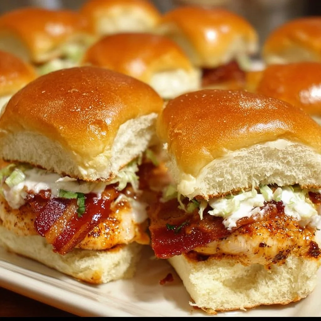 Chicken Bacon Ranch Sliders topped with crispy bacon and ranch dressing