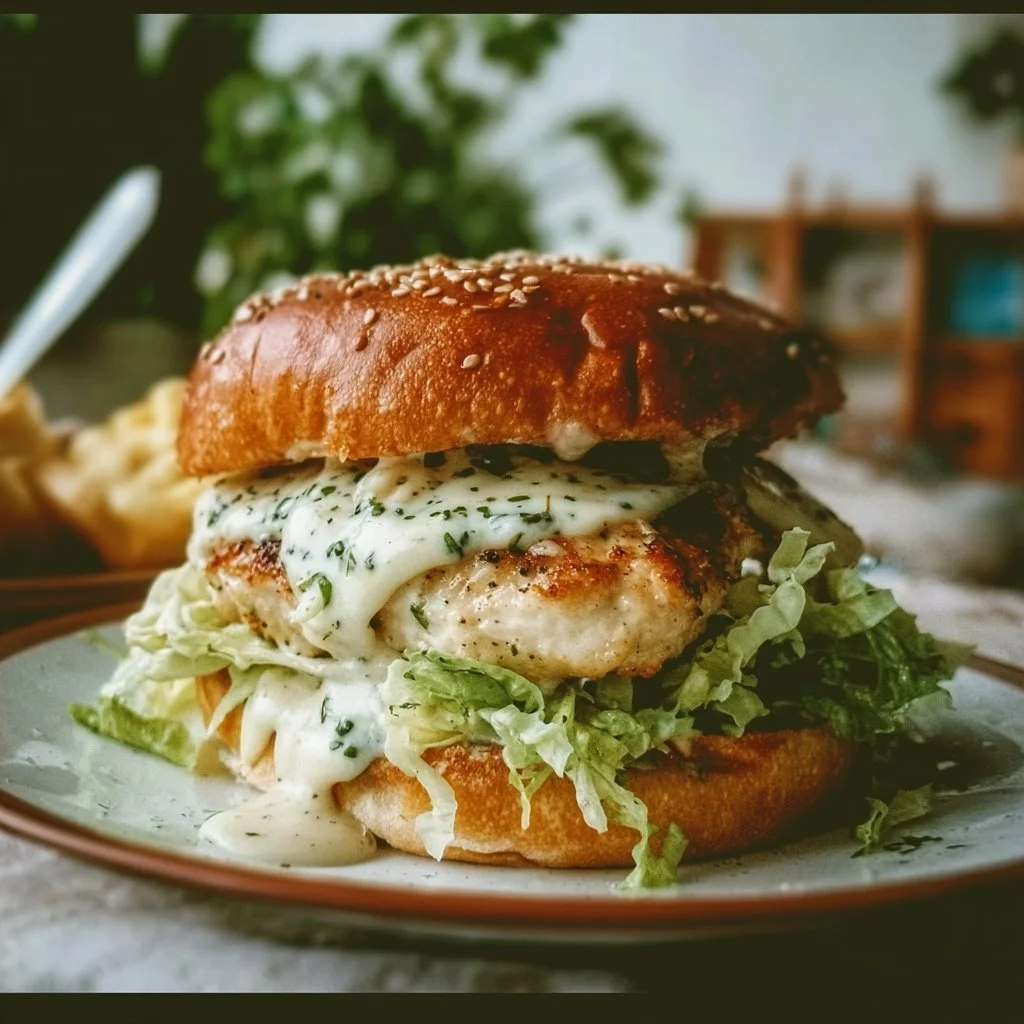 Delicious Chicken Caesar Burger topped with romaine lettuce and Caesar dressing