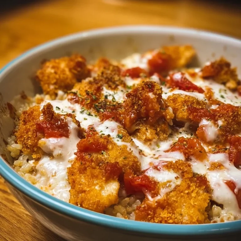 Cottage Cheese Chicken Parm Bowl topped with cheese and herbs