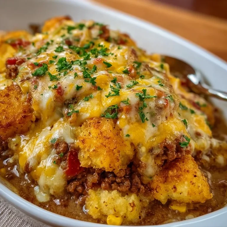 Serving of Cowboy Casserole topped with cheese and fresh herbs