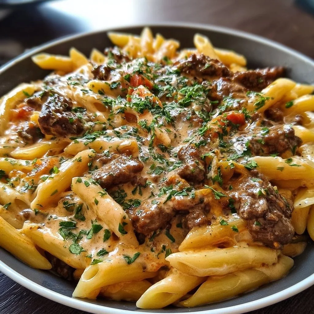 Creamy beef pasta dish with fresh herbs and parmesan cheese