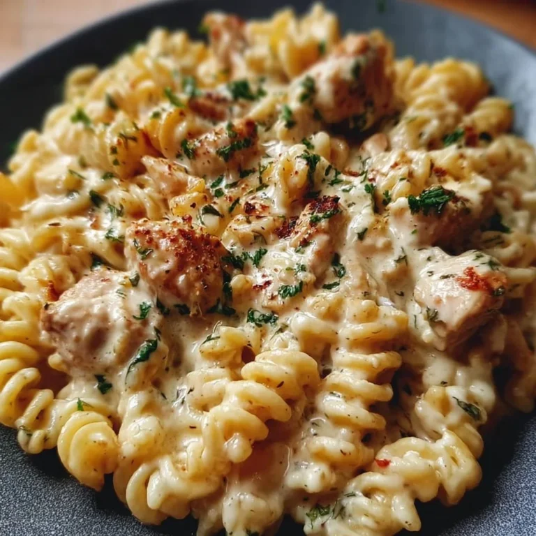 Creamy chicken pasta cooked in a crockpot, served in a bowl with herbs.