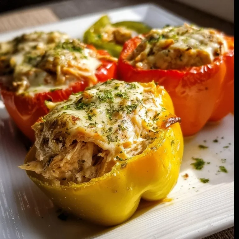 Creamy chicken stuffed peppers garnished with herbs on a plate