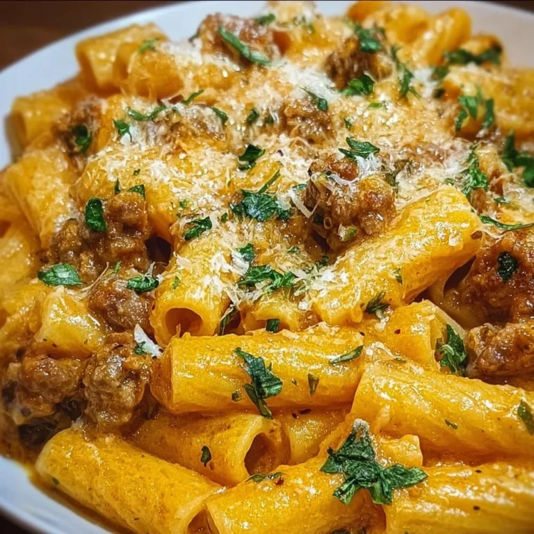 Creamy Italian sausage rigatoni served in a bowl