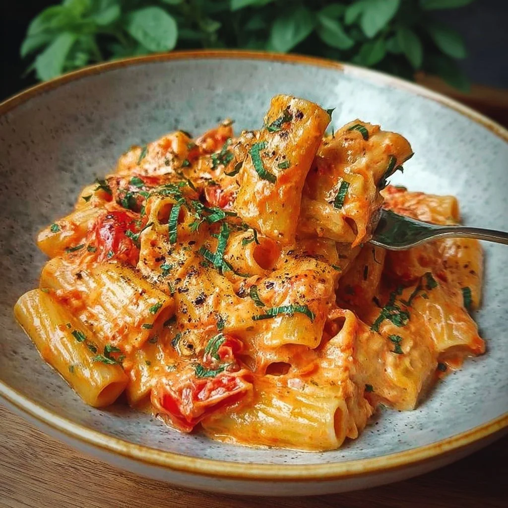 Creamy tomato garlic pasta with fresh basil and parmesan cheese