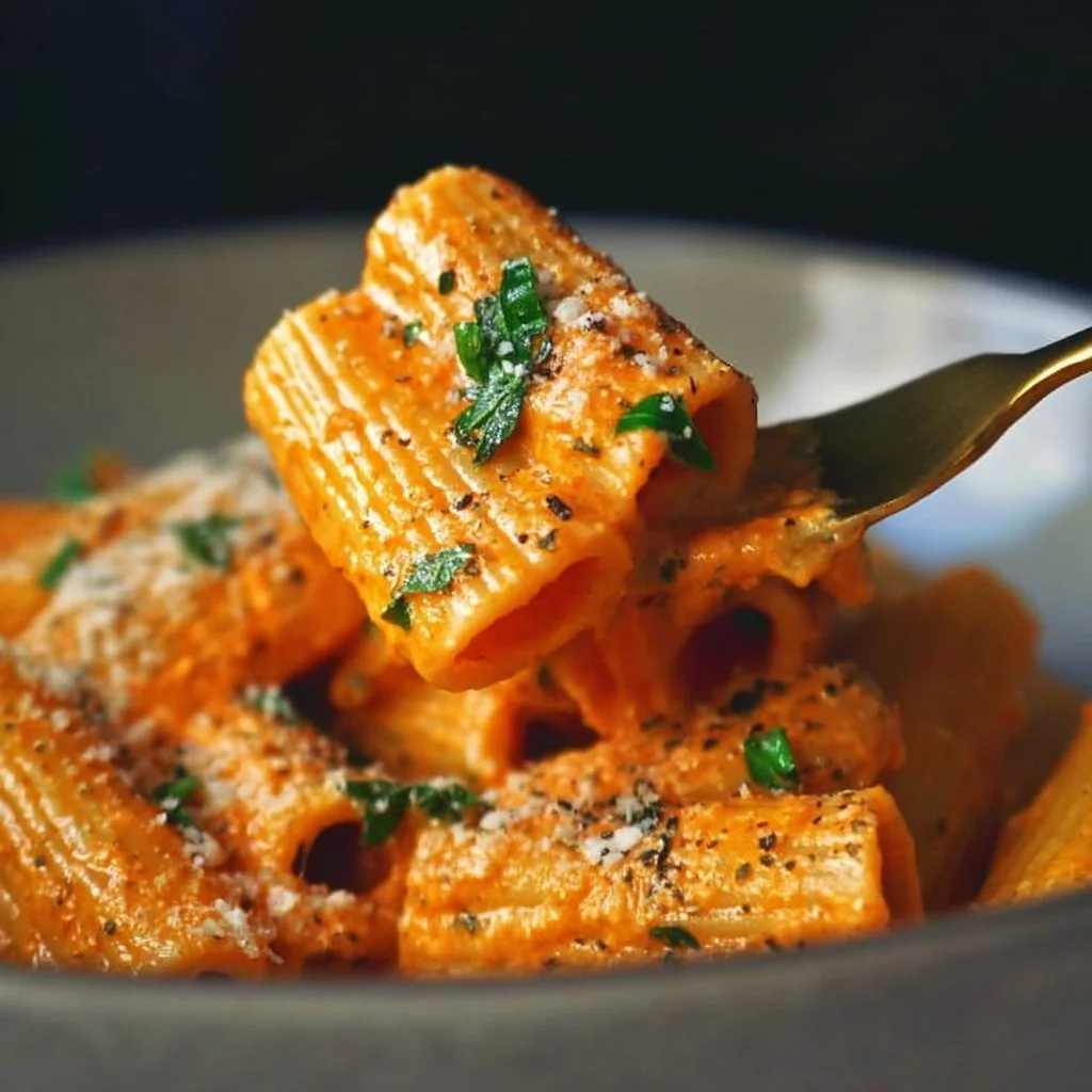 Creamy tomato garlic rigatoni pasta served in a bowl