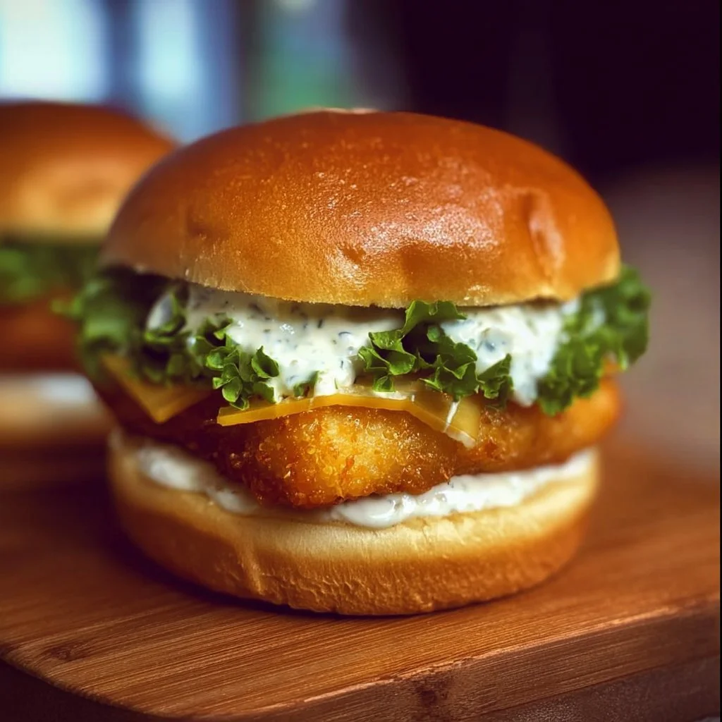 Crispy fish burger recipe served with fresh toppings and sauce