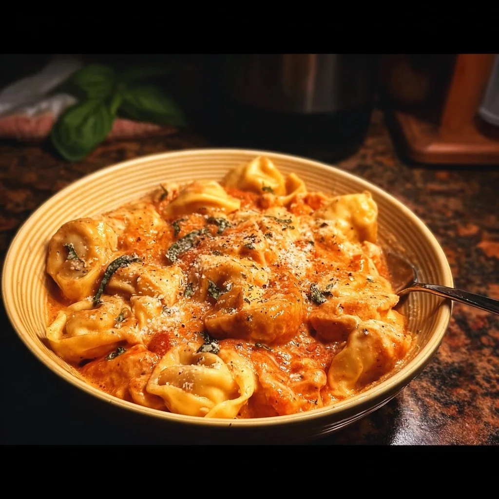 CrockPot Chicken Tortellini in a bowl topped with herbs