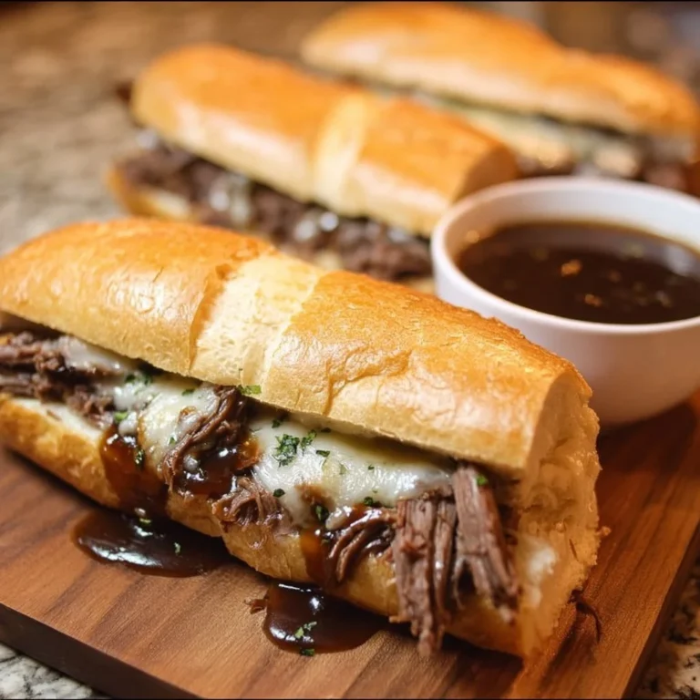 Crockpot French dip sandwiches served with au jus dip