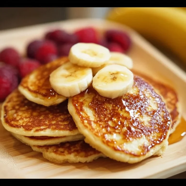 Fluffy and golden brown easy banana pancakes stacked with bananas on top