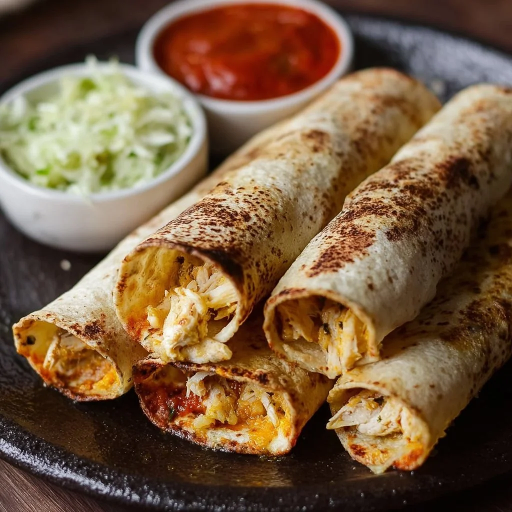 Plate of easy gluten-free chicken taquitos, garnished with salsa and avocado.
