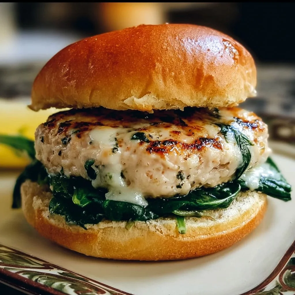 Easy white cheddar chicken burgers with spinach on a plate