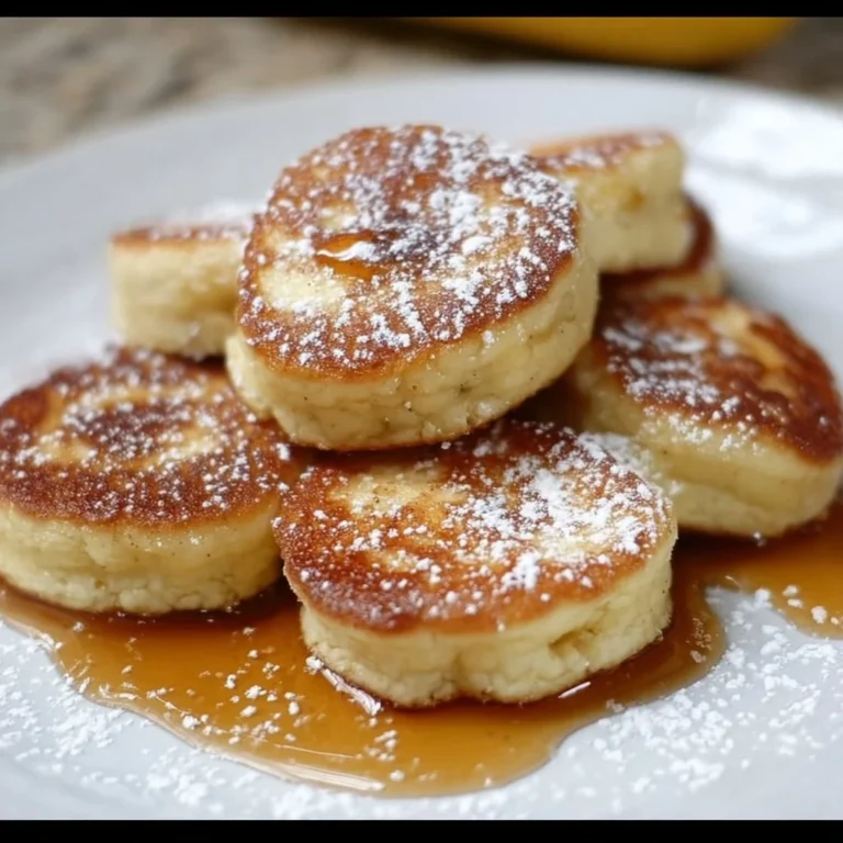 Fluffy banana pancake bites stacked on a plate with maple syrup