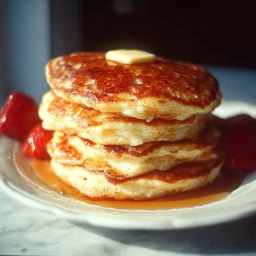 Stack of fluffy pancakes topped with syrup and berries